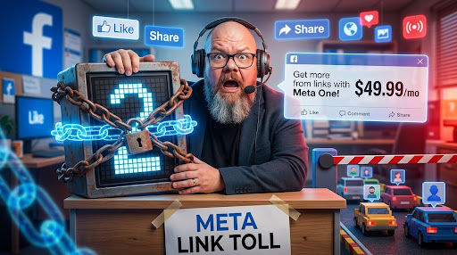 Mand med headset holder en kæde-låst skærm med tallet 2, mens en Facebook-boks tilbyder flere links med Meta One for 49,99 dollars om måneden