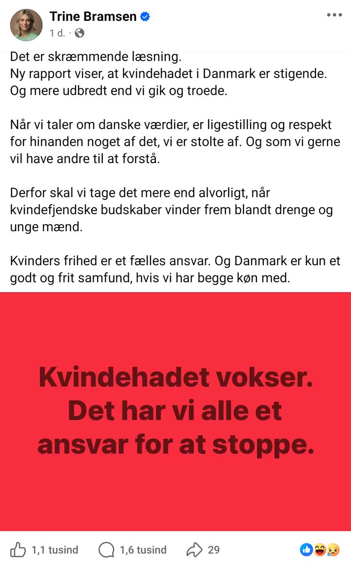 Skærmbillede af Trine Bramsens Facebook-opslag med teksten "Ny rapport viser, at kvindehadet i Danmark er stigende" og en rød plakat: Kvindehadet vokser. Det har vi alle et ansvar for at stoppe.