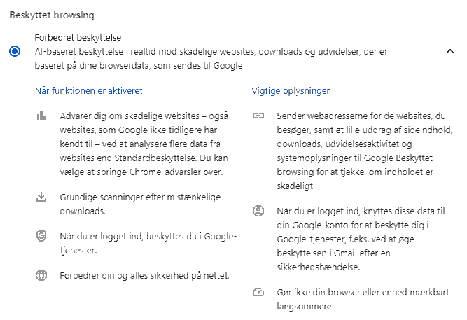 Chromes indstilling Beskyttet browsing, hvor Forbedret beskyttelse er valgt