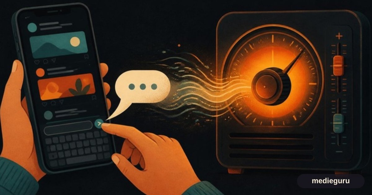 AI-illustration: en hånd skriver en besked på telefonen, der sendes til en glødende radioknap, som styrer feedet