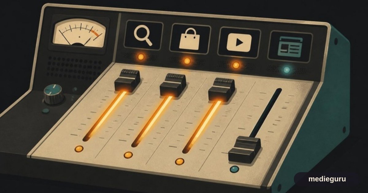 AI-illustration: retro mixerpult hvor skyderne for søg, shopping og video står højt, og display står lavt