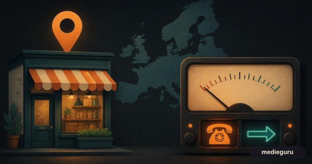 AI-illustration: lokal butik med kortnål foran et Europakort, og en VU-meter hvor visningerne falder, mens telefon og rutepil lyser stabilt