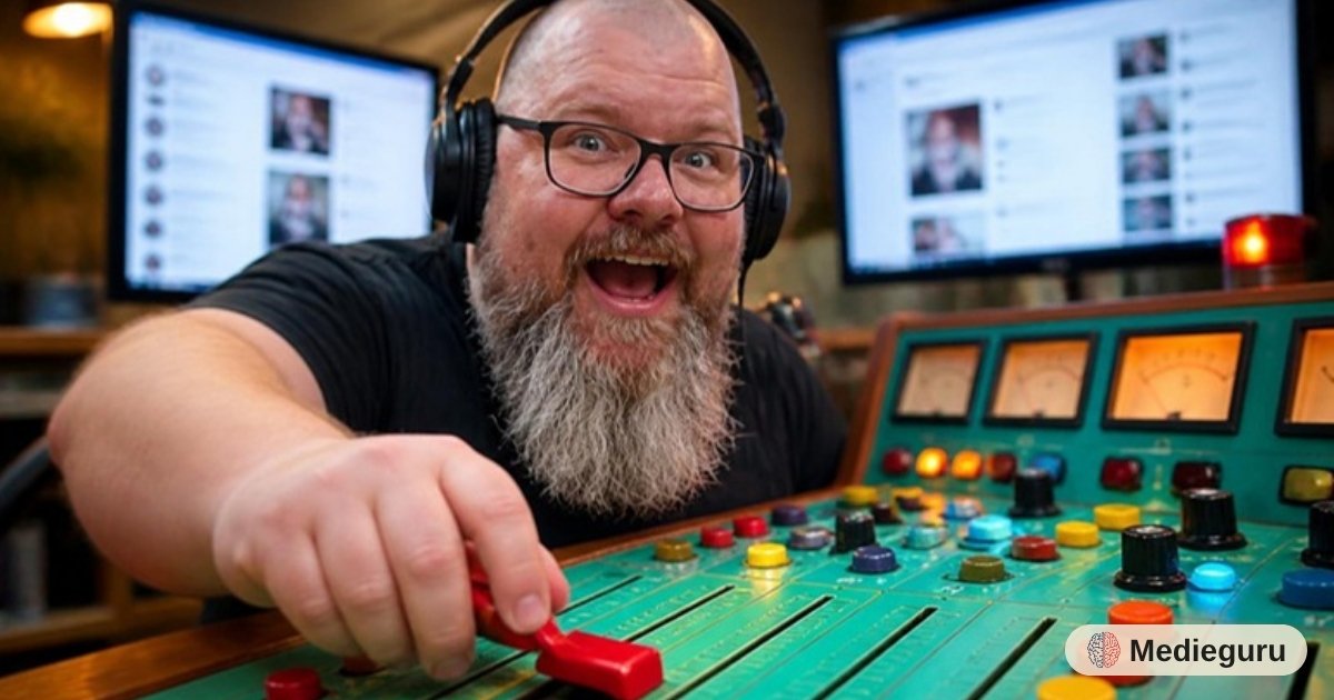 Thor Jadesø ved et farverigt mixerbord med høretelefoner på, der begejstret skruer op for en knap, som om han styrer algoritmen