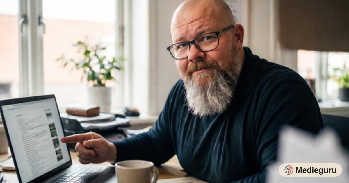 Thor Jadesø sidder ved sit skrivebord og peger på en søgeside med mange links på sin laptop, mens han kigger skeptisk ind i kameraet