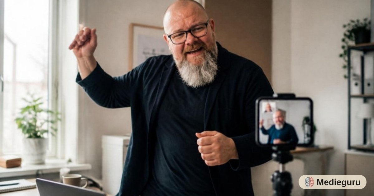 Thor Jadesø tager et akavet dansetrin og griner, mens han filmer sig selv med en telefon på stativ på kontoret