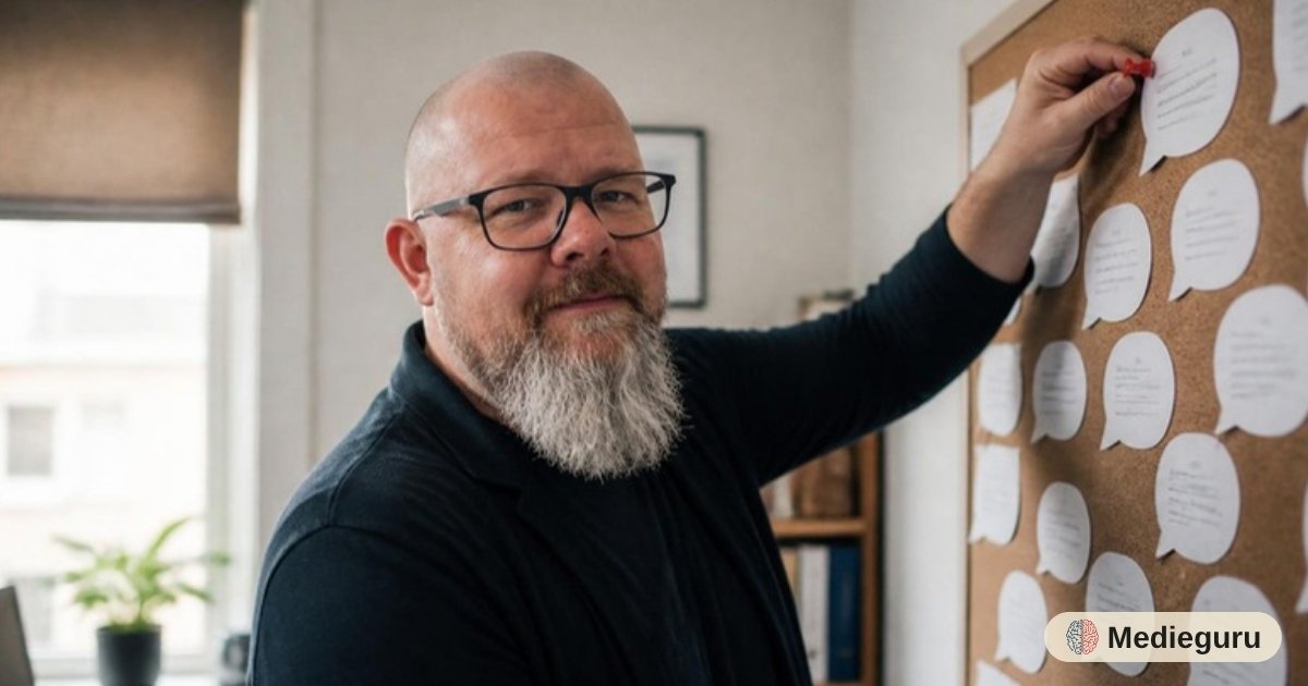 Thor Jadesø trykker en rød nål ind i den øverste taleboble på en opslagstavle fuld af kommentarer og nikker tilfreds til kameraet