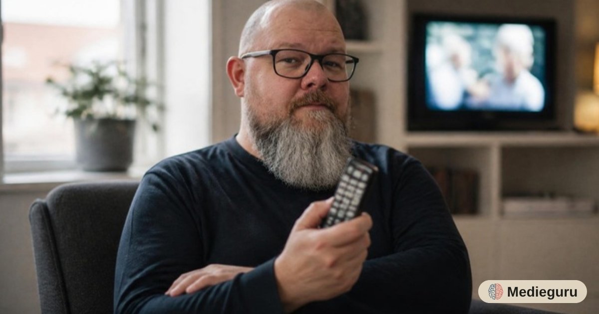 Thor Jadesø sidder i en lænestol med en gammel fjernbetjening og ser uimponeret ind i kameraet, mens et gammelt tv kører i baggrunden
