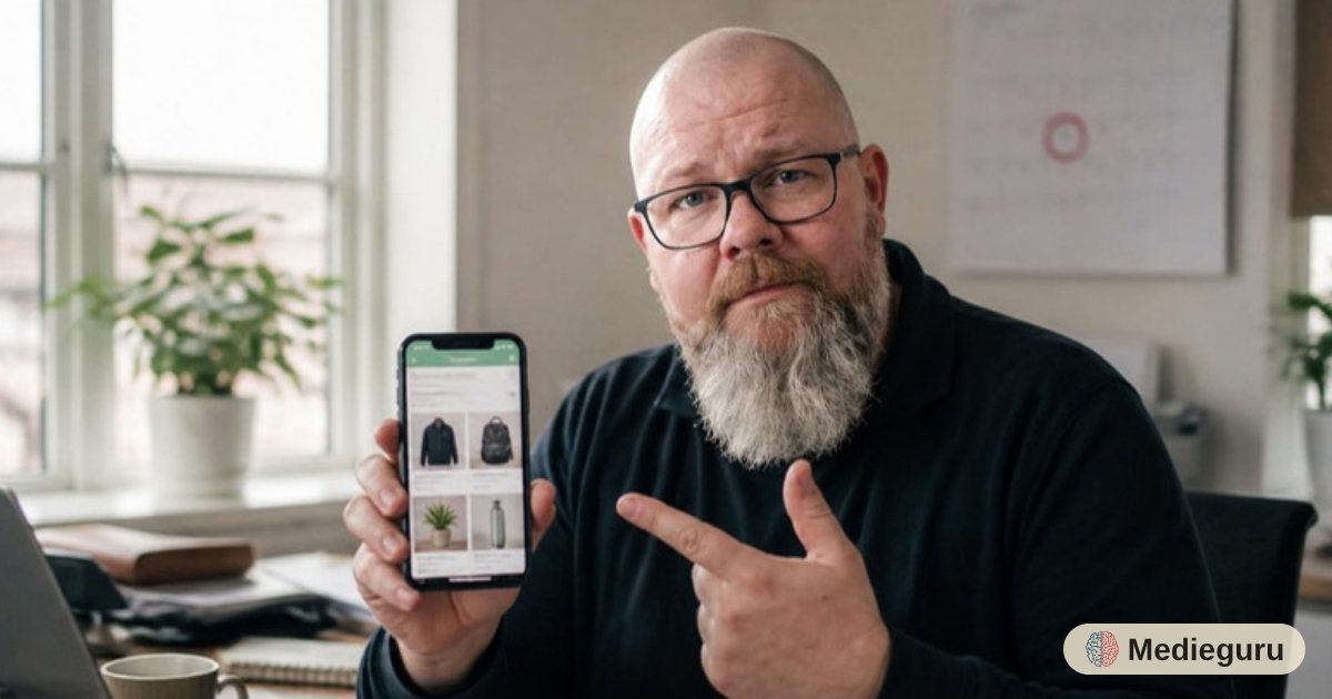 Thor Jadesø holder en telefon med en produktside frem og peger skeptisk på den, mens en kalender med en rød ring om datoen hænger bag ham