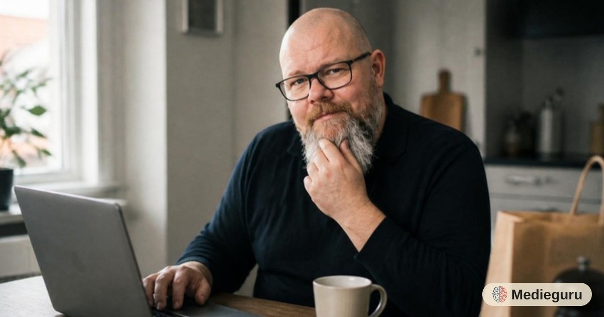 Thor Jadesø sidder ved køkkenbordet med sin laptop og en kop kaffe og stryger sig eftertænksomt over skægget, mens en papirpose står ved siden af