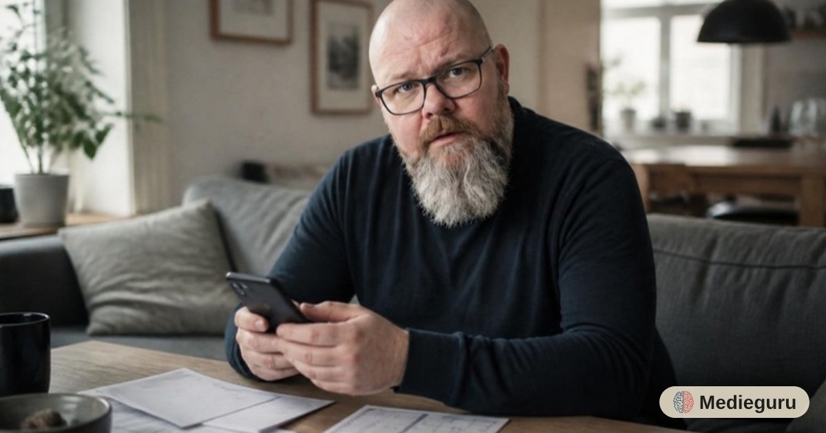 Thor Jadesø sidder i sofaen med sin telefon og kigger mistænksomt op, mens en kalender og åbnede breve ligger på sofabordet