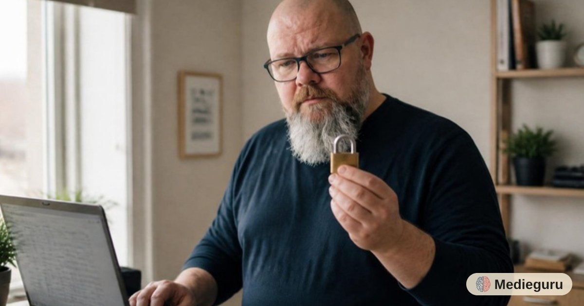 Thor Jadesø står ved sin laptop med et regneark og holder tvivlende en lille hængelås op foran sig