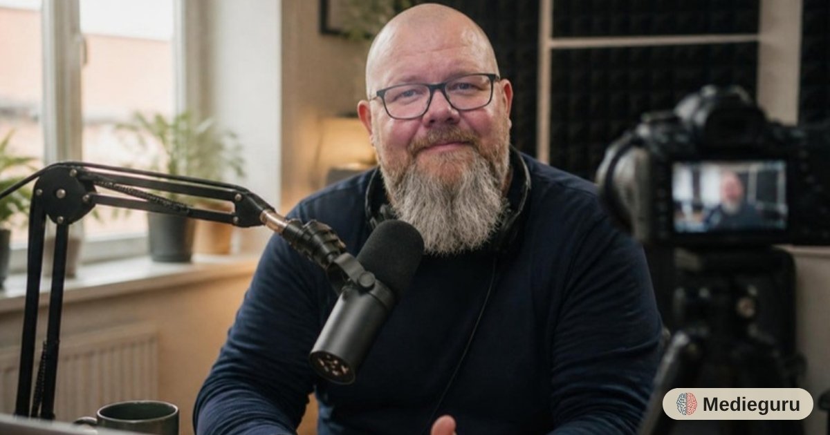 Thor Jadesø sidder i et lille hjemmestudie og taler smilende i en mikrofon, mens et kamera på stativ filmer ham