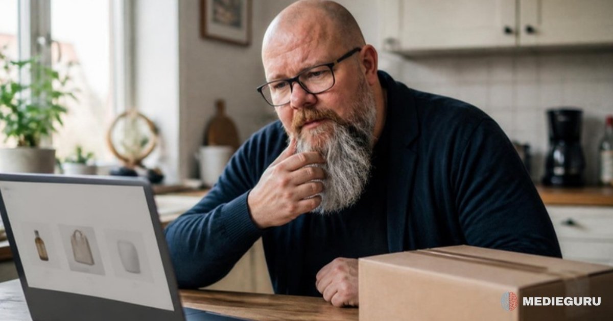 Thor Jadesø står ved køkkenbænken ved siden af en pakke og kigger nysgerrigt på produktkort på sin computer