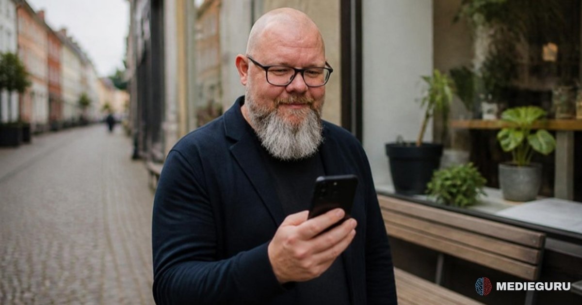 Thor Jadesø står på en brostensgade foran en lille lokal butik og smiler tilfreds til sin telefon