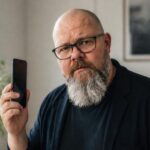 Thor Jadesø står i en lys stue og kigger skeptisk direkte i kameraet med telefonen hævet ved siden af ansigtet
