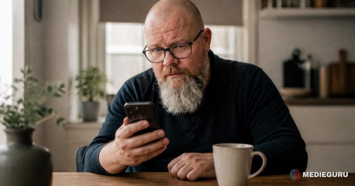 Thor Jadesø sidder ved køkkenbordet med en kop kaffe og kigger skeptisk på en video på sin telefon