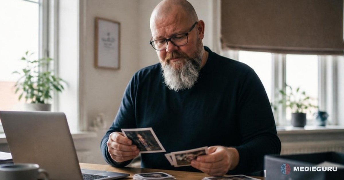 Thor Jadesø sidder ved skrivebordet og sorterer fotos af forskellige mennesker i to bunker