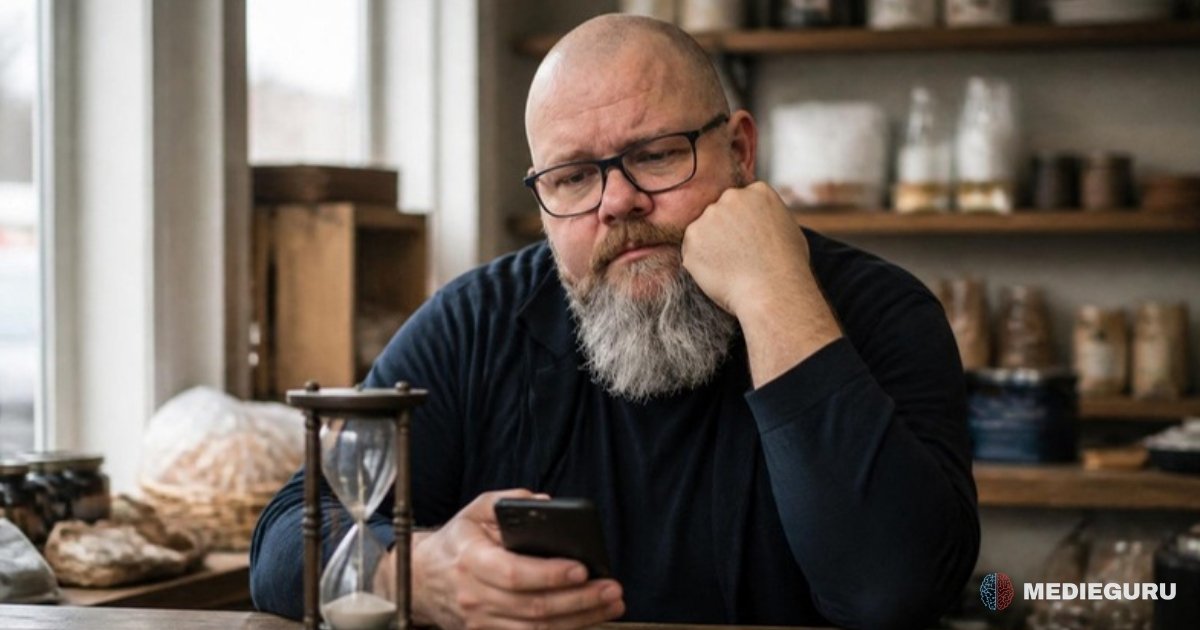 Thor Jadesø sidder bag disken i en lille butik med hagen i hånden og venter utålmodigt ved siden af et timeglas