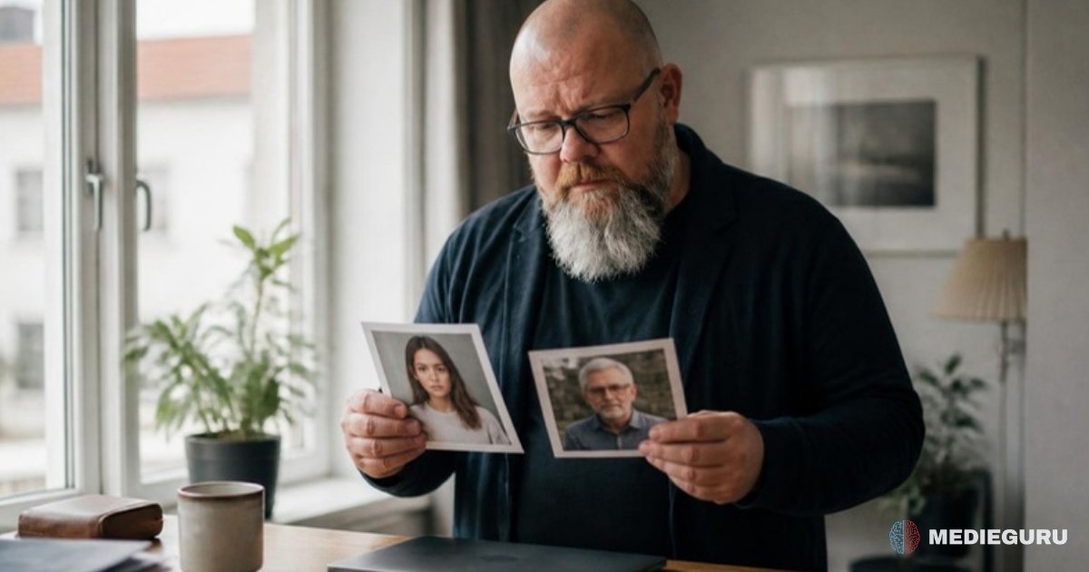 Thor Jadesø står ved vinduet og sammenligner to fotos, et af en ung kvinde og et af en ældre mand