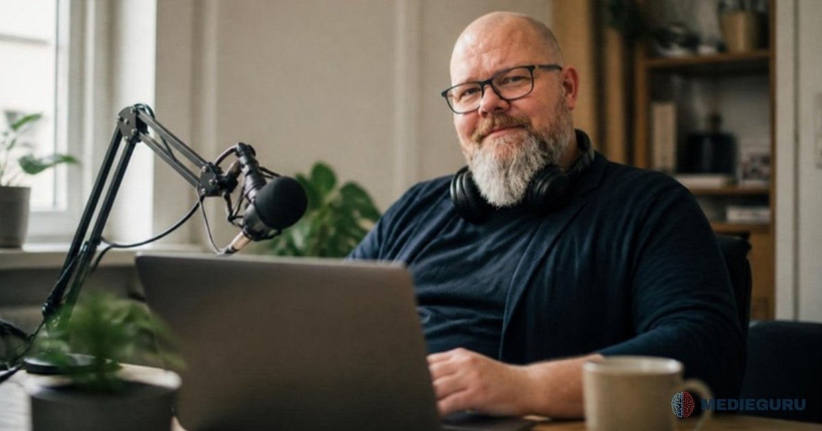 Thor Jadesø sidder ved sit skrivebord med mikrofon og høretelefoner om halsen og smiler tilfreds, mens han redigerer en podcastepisode