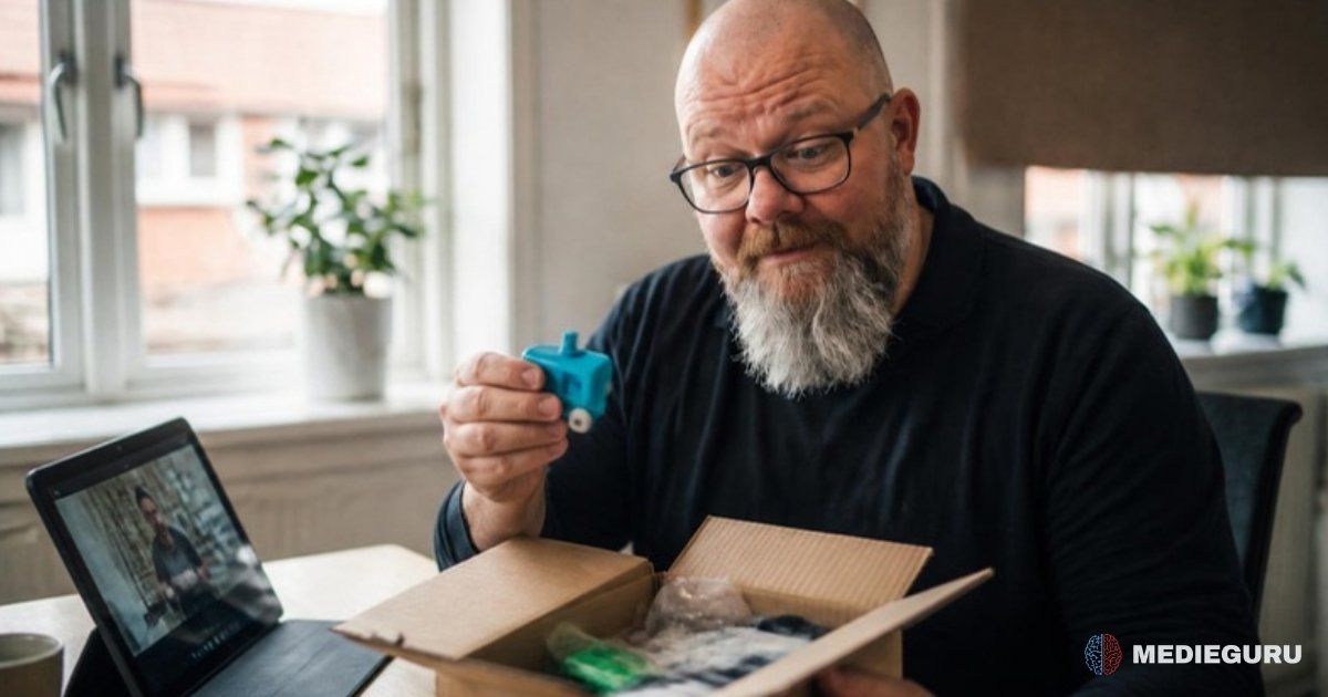 Thor Jadesø åbner en pakke med billige plastikdimser ved køkkenbordet og holder en op med løftede øjenbryn, mens en video kører på en tablet