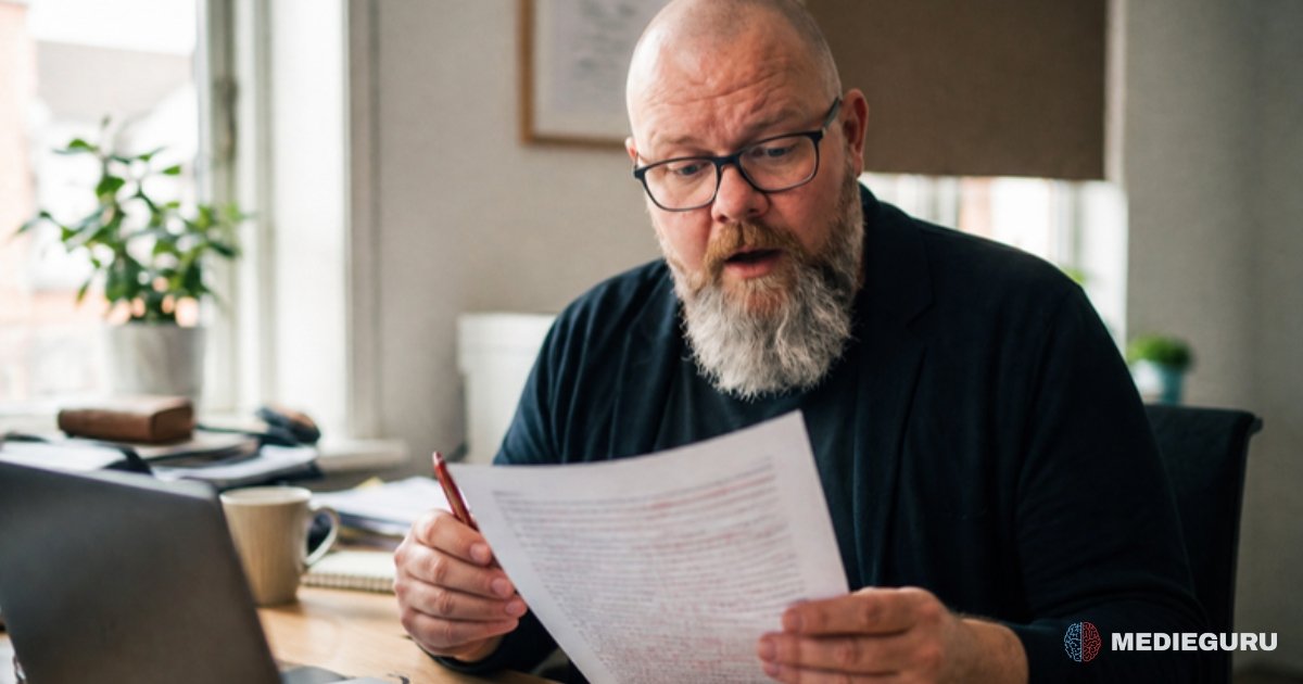 Thor Jadesø sidder ved skrivebordet og ser overrasket på et papir fyldt med røde rettelser