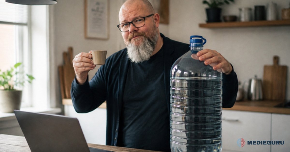 Thor Jadesø står ved køkkenbordet og sammenligner skeptisk en lille espressokop med en stor vanddunk