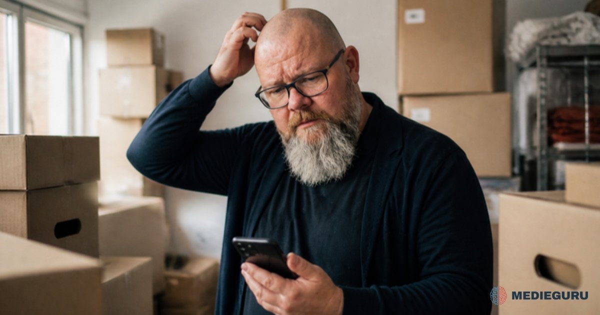Thor Jadesø står mellem flyttekasser i et baglokale med telefonen i hånden og klør sig undrende i hovedet