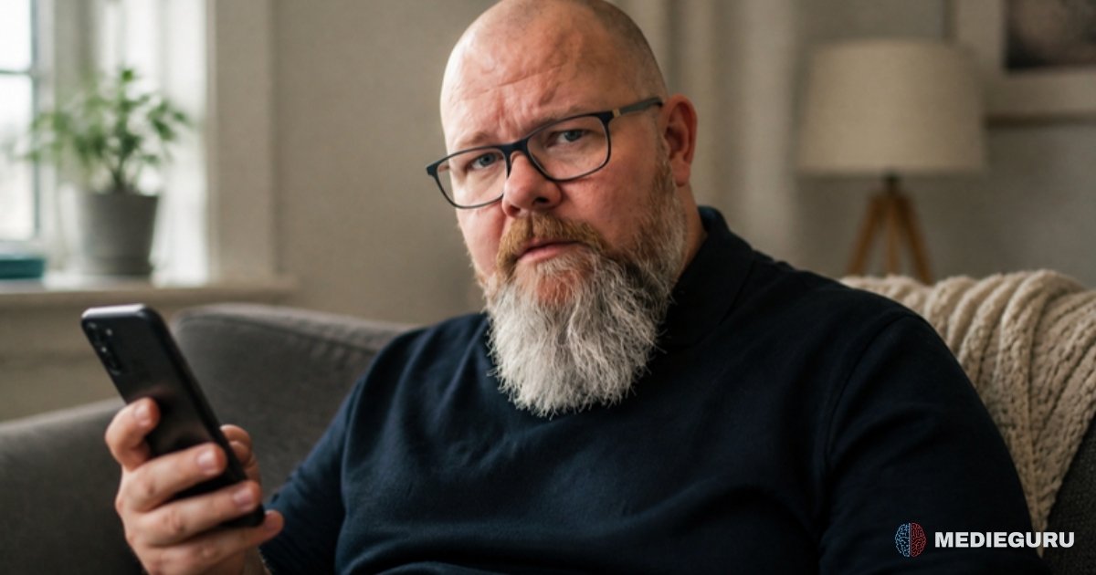 Thor Jadesø sidder i sofaen og ser mistænksomt på sin telefon, som om han har spottet svindel