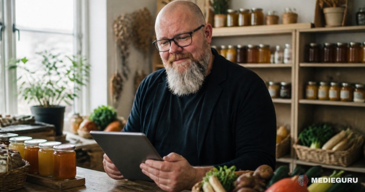 Thor Jadesø står bag disken i en gårdbutik med honning og grøntsager og smiler tilfreds til en tablet