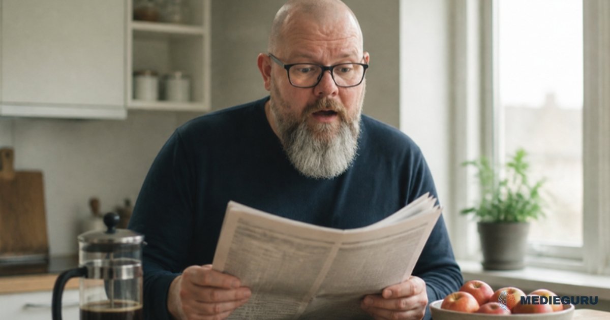 Thor Jadesø står i køkkenet med en avis og ser overrasket op med åben mund
