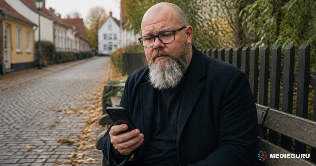 Thor Jadesø sidder på en bænk på en brostensgade om efteråret og ser skeptisk på sin telefon