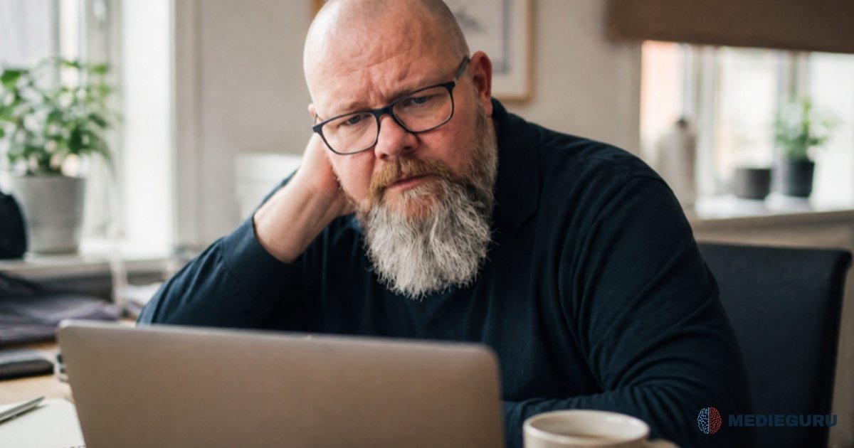 Thor Jadesø sidder ved skrivebordet og ser bekymret på sin bærbare computer med hånden i nakken