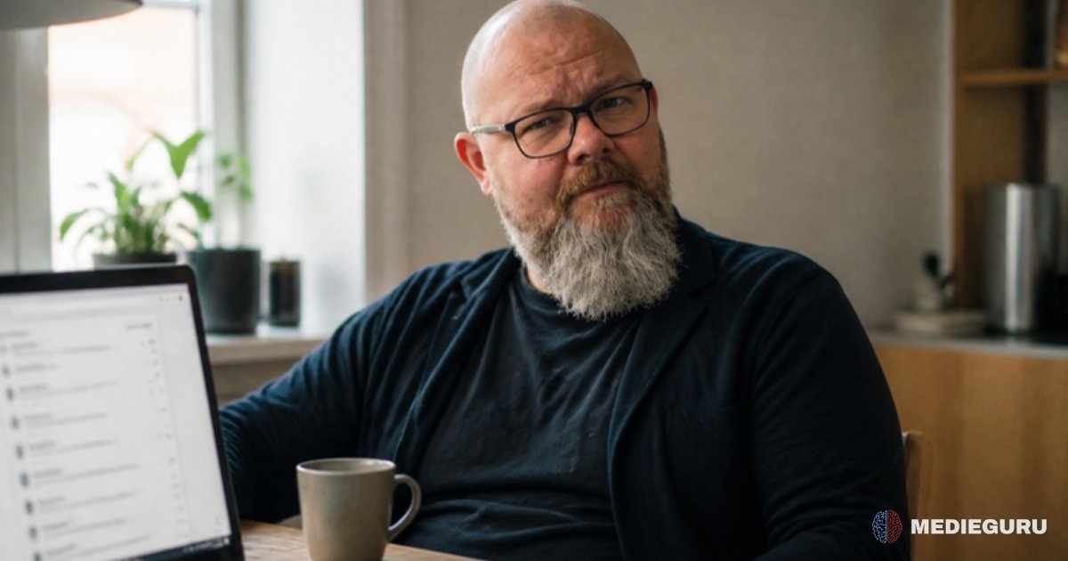 Thor Jadesø sidder ved køkkenbordet foran en bærbar med sin indbakke og ser skeptisk ud