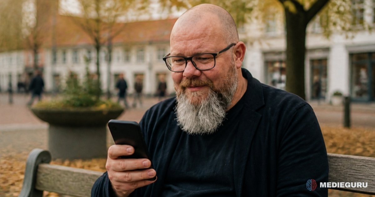 Thor Jadesø sidder på en bænk på et torv med efterårsblade og ruller gennem en lang gruppechat på telefonen