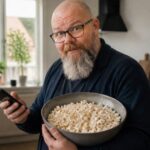 Thor Jadesø står i køkkenet med en stor skål popcorn og telefonen i hånden og ser overrasket direkte i kameraet