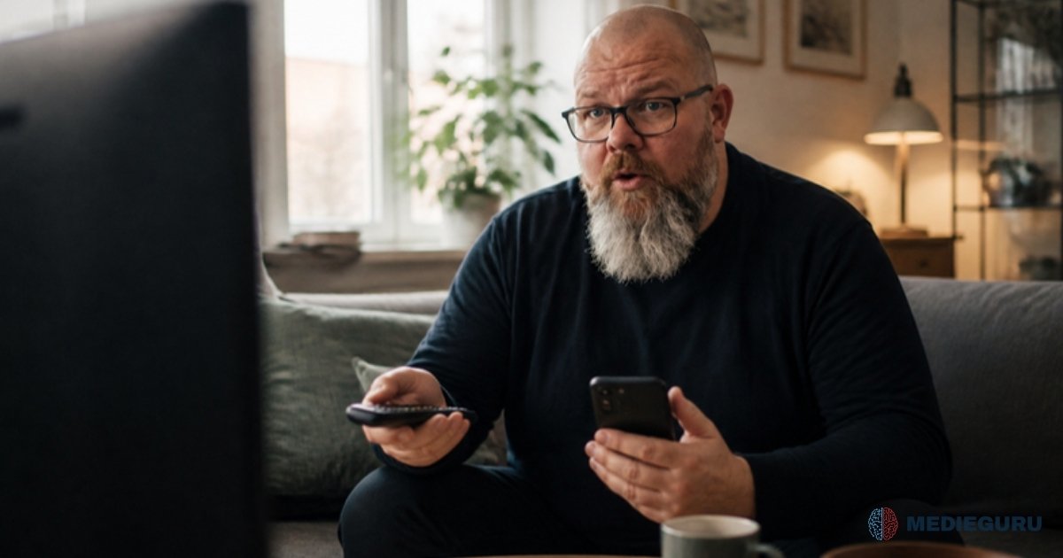 Thor Jadesø sidder i sofaen med fjernbetjening og telefon og ser overrasket på en lang video på tv'et
