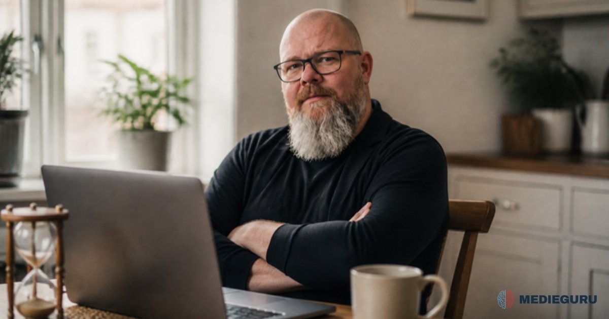 Thor Jadesø sidder med armene over kors ved køkkenbordet og lader den bærbare være, mens et timeglas løber