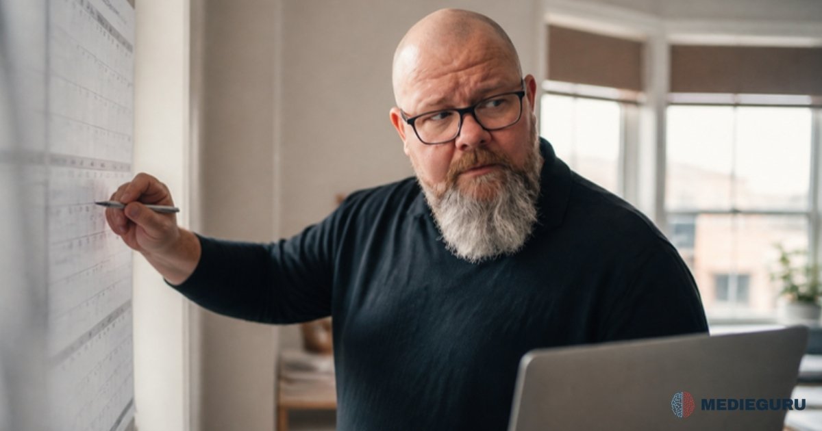 Thor Jadesø peger med en kuglepen på en vægkalender og ser skeptisk tilbage mod sin bærbare