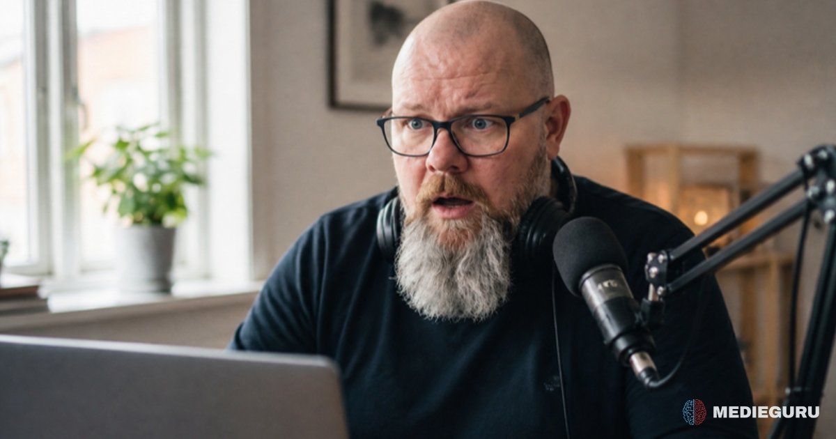 Thor Jadesø sidder ved sin podcastmikrofon med hovedtelefoner om halsen og ser chokeret på skærmen