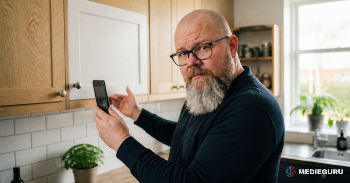 Thor Jadesø filmer en ny køkkenlåge med telefonen og løfter skeptisk et øjenbryn