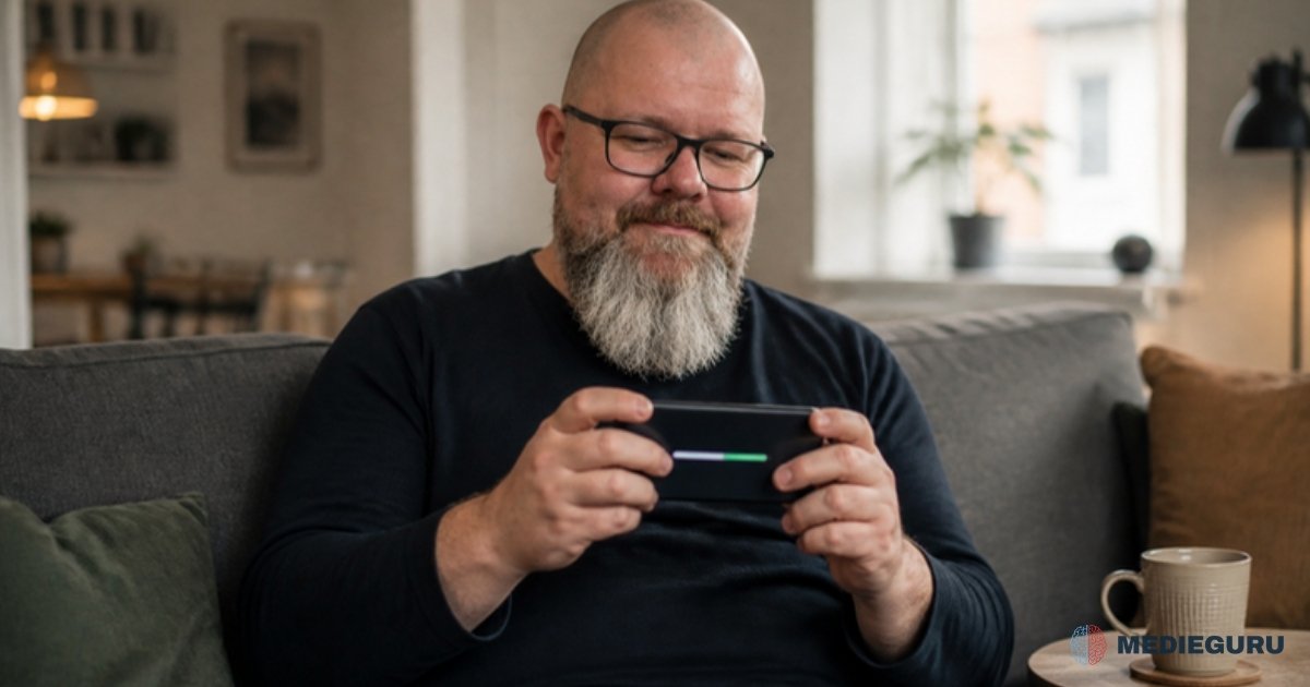 Thor Jadesø sidder i sofaen og opdaterer sin telefon med et tilfreds smil