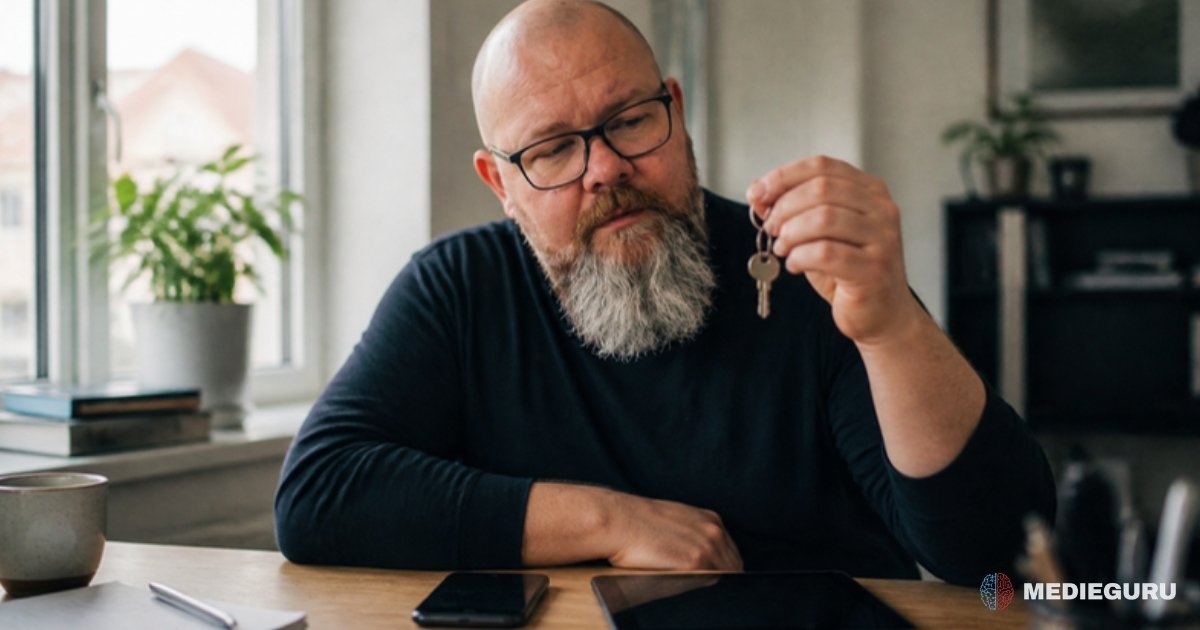 Thor Jadesø sidder ved skrivebordet og kigger eftertænksomt på en enkelt nøgle, mens telefon og tablet ligger foran ham