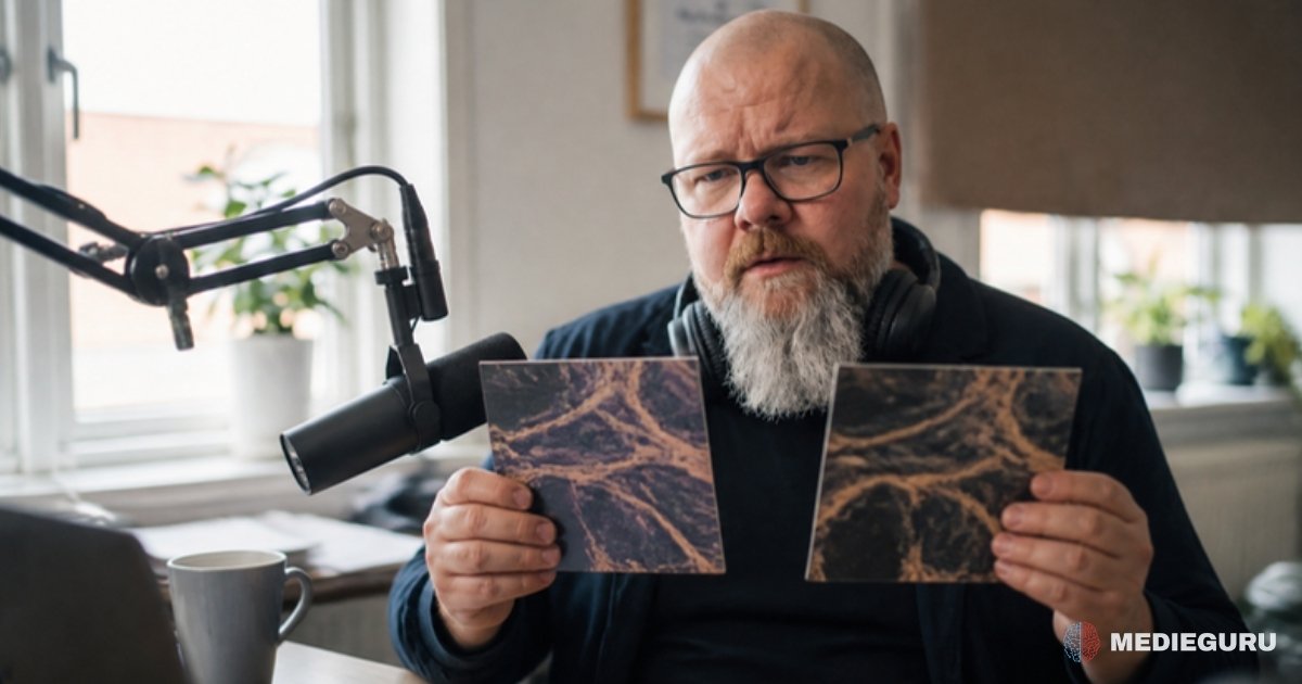 Thor Jadesø sidder ved sin podcastmikrofon og sammenligner to ens podcastcovers med en undrende mine