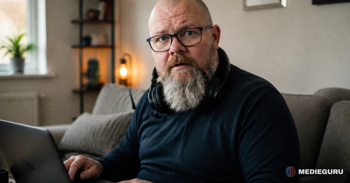 Thor Jadesø sidder i sofaen med et headset om halsen og en bærbar på skødet og kigger overrasket op fra skærmen