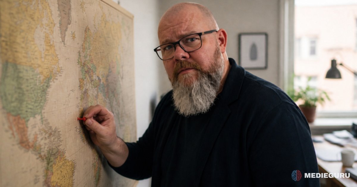 Thor Jadesø står ved et gammelt verdenskort på væggen med en knappenål i hånden og løfter skeptisk det ene øjenbryn