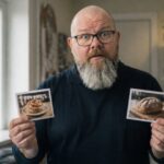Thor Jadesø står bag disken i et lille bageri og holder to produktbilleder op mod kameraet med et overrasket blik