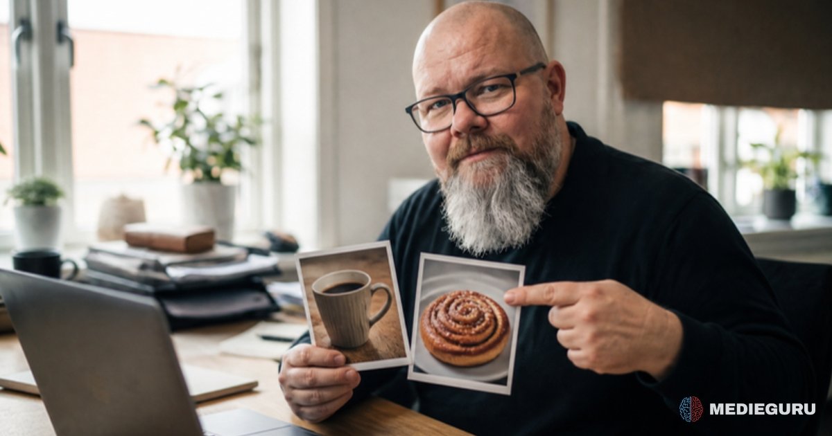 Thor Jadesø sidder ved sit skrivebord og peger tilfreds på det ene af to udprintede produktbilleder