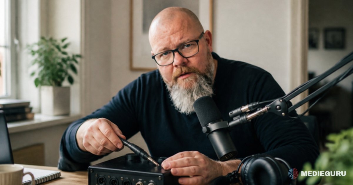 Thor Jadesø sidder ved sin podcastmikrofon og trækker beslutsomt et gammelt kabel ud af en lille lydboks