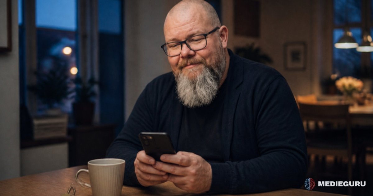 Thor Jadesø sidder ved køkkenbordet om aftenen med en kop te og kigger lettet på sin telefon